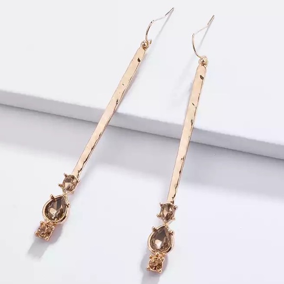 Anthropologie Jewelry - Anthropologie Gold Plated Tan Honey Teardrop Crystal Long Bar Earrings